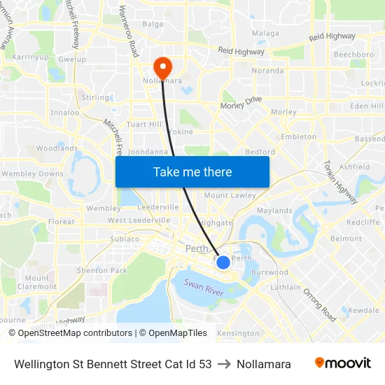 Wellington St Bennett Street Cat Id 53 to Nollamara map