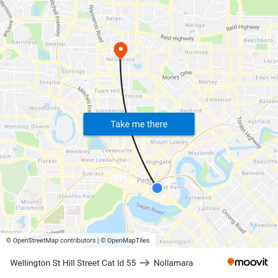 Wellington St Hill Street Cat Id 55 to Nollamara map
