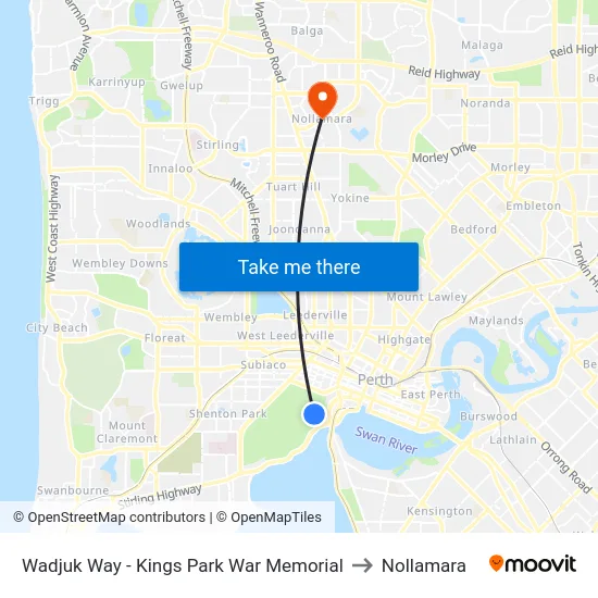 Wadjuk Way - Kings Park War Memorial to Nollamara map