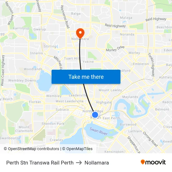Perth Stn Transwa Rail Perth to Nollamara map