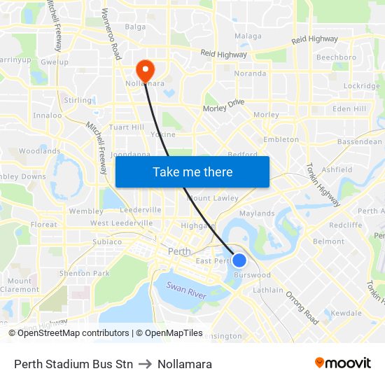 Perth Stadium Bus Stn to Nollamara map