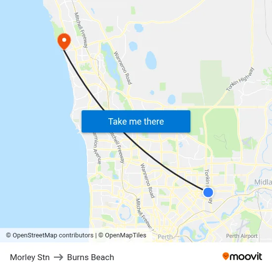Morley Stn to Burns Beach map