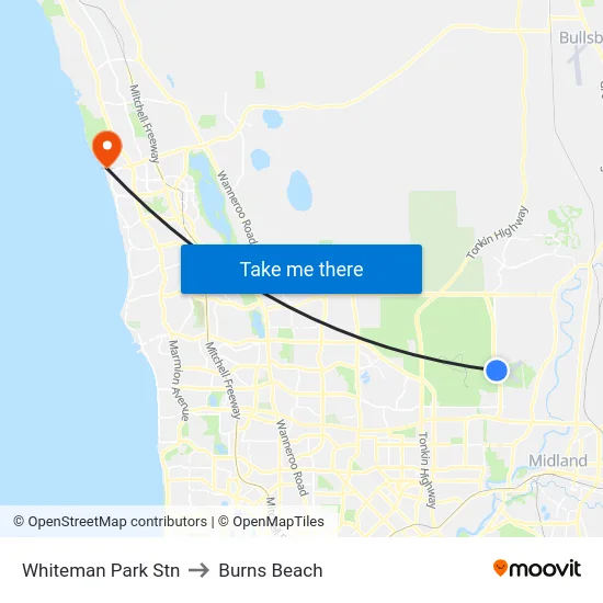 Whiteman Park Stn to Burns Beach map