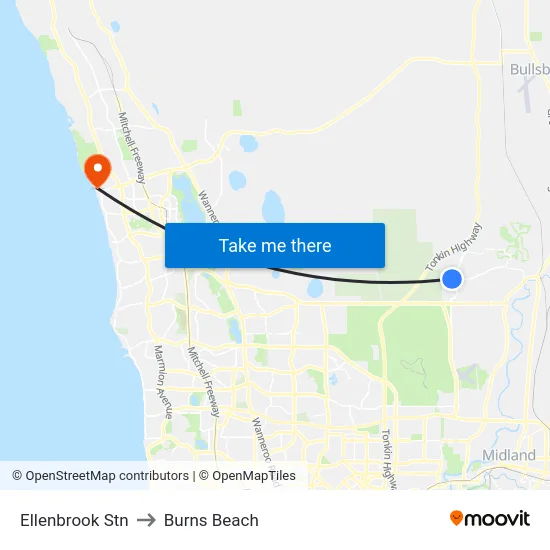 Ellenbrook Stn to Burns Beach map