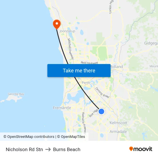 Nicholson Rd Stn to Burns Beach map