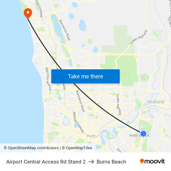 Airport Central Access Rd Stand 2 to Burns Beach map