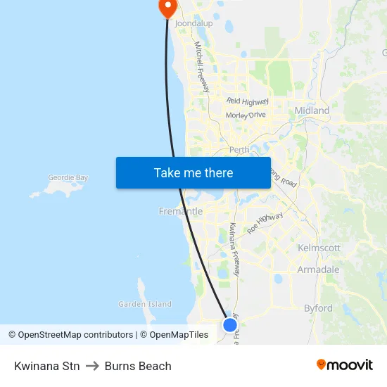 Kwinana Stn to Burns Beach map