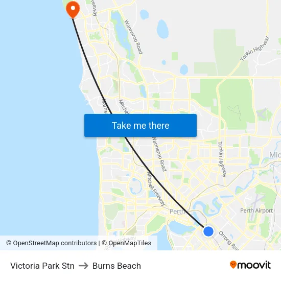 Victoria Park Stn to Burns Beach map
