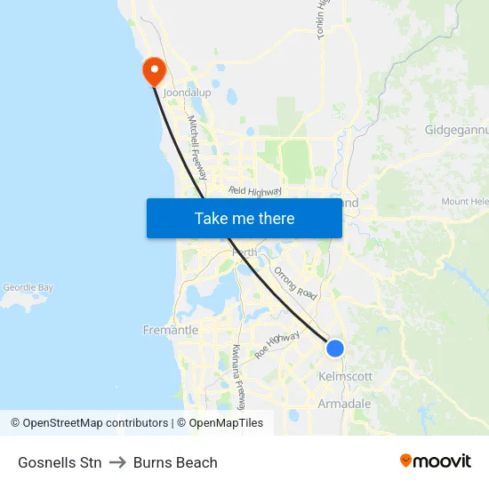 Gosnells Stn to Burns Beach map