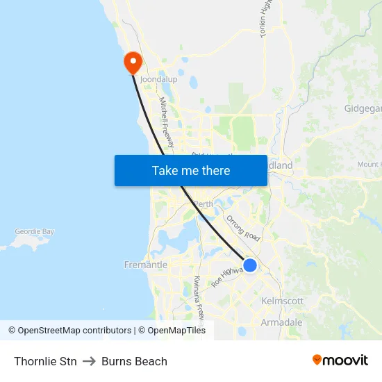 Thornlie Stn to Burns Beach map