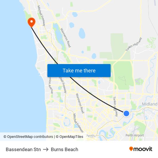 Bassendean Stn to Burns Beach map