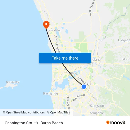 Cannington Stn to Burns Beach map