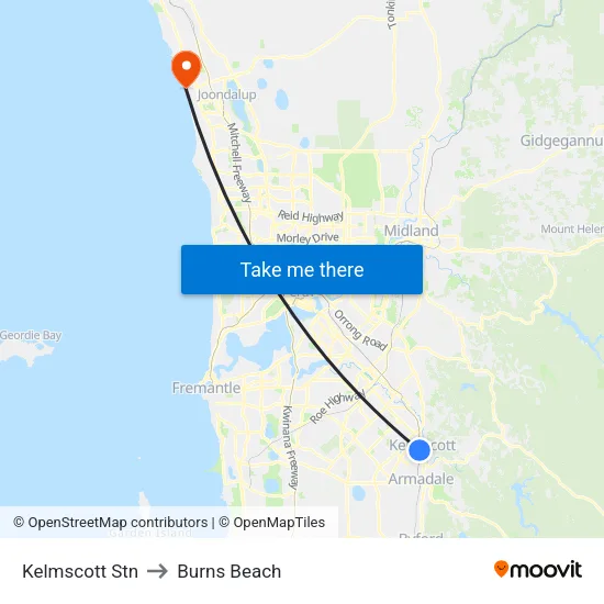 Kelmscott Stn to Burns Beach map