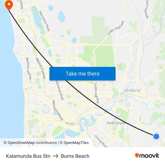 Kalamunda Bus Stn to Burns Beach map