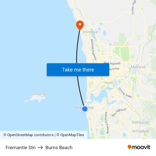 Fremantle Stn to Burns Beach map