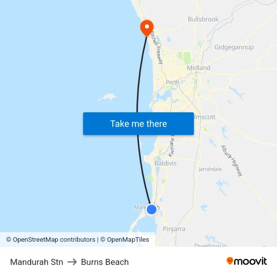 Mandurah Stn to Burns Beach map