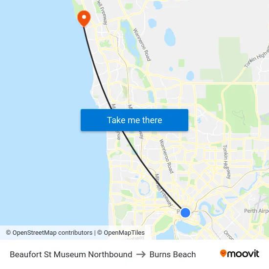 Beaufort St Museum Northbound to Burns Beach map