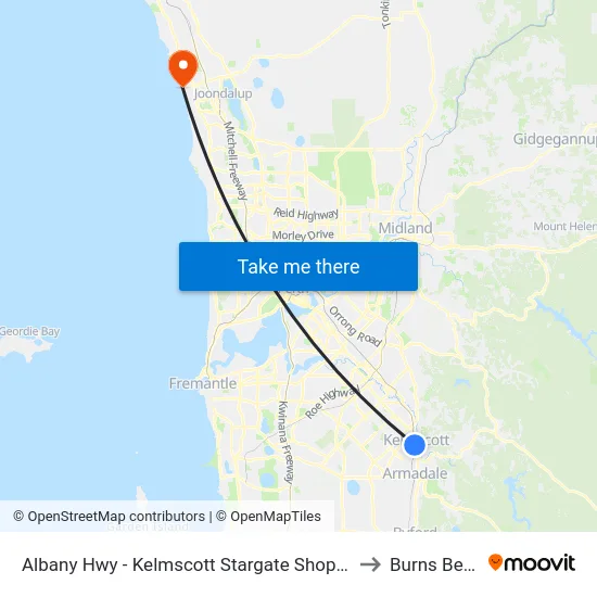 Albany Hwy - Kelmscott Stargate Shopping Ctr to Burns Beach map