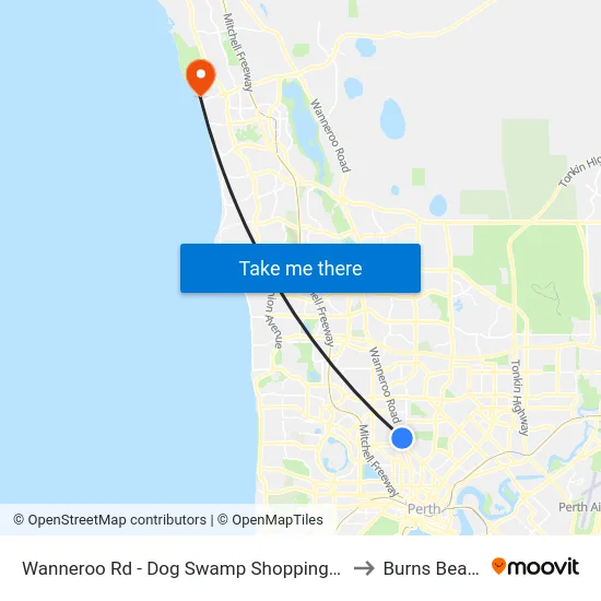 Wanneroo Rd - Dog Swamp Shopping Ctr to Burns Beach map