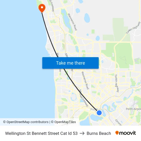 Wellington St Bennett Street Cat Id 53 to Burns Beach map