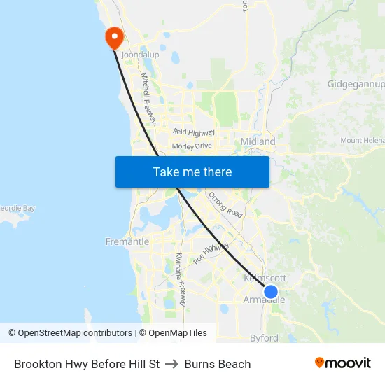Brookton Hwy Before Hill St to Burns Beach map