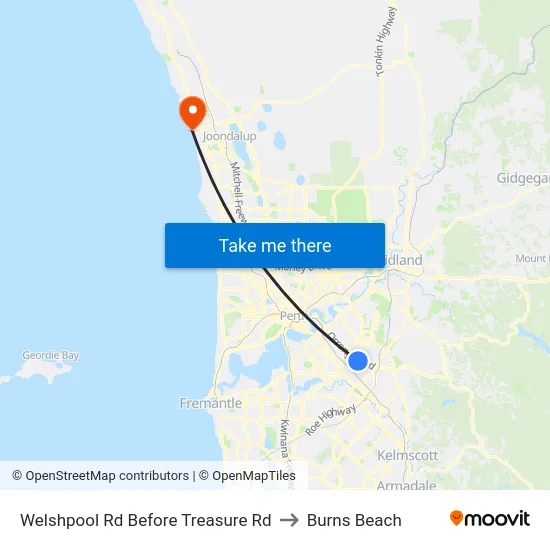Welshpool Rd Before Treasure Rd to Burns Beach map