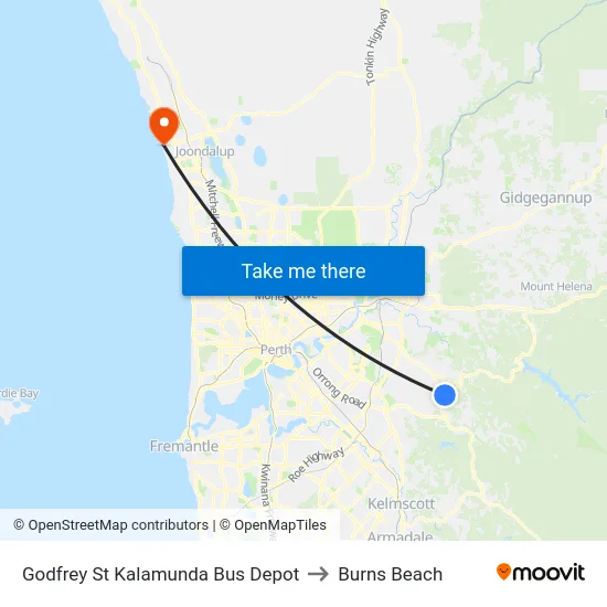Godfrey St Kalamunda Bus Depot to Burns Beach map