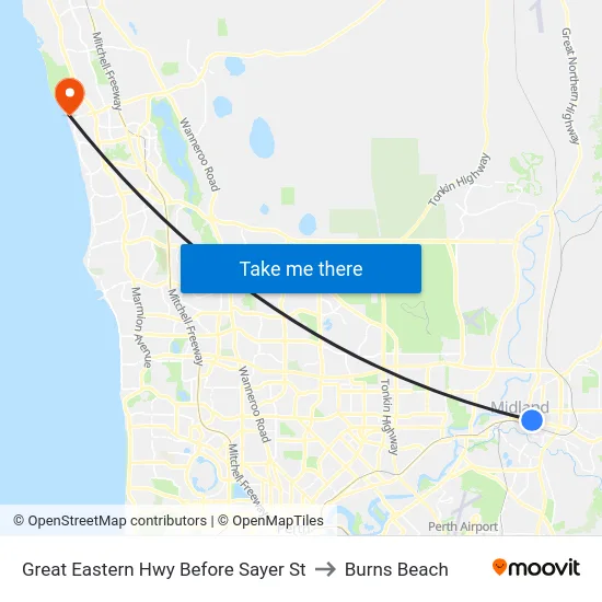 Great Eastern Hwy Before Sayer St to Burns Beach map