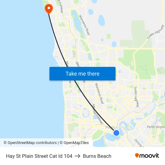 Hay St Plain Street Cat Id 104 to Burns Beach map
