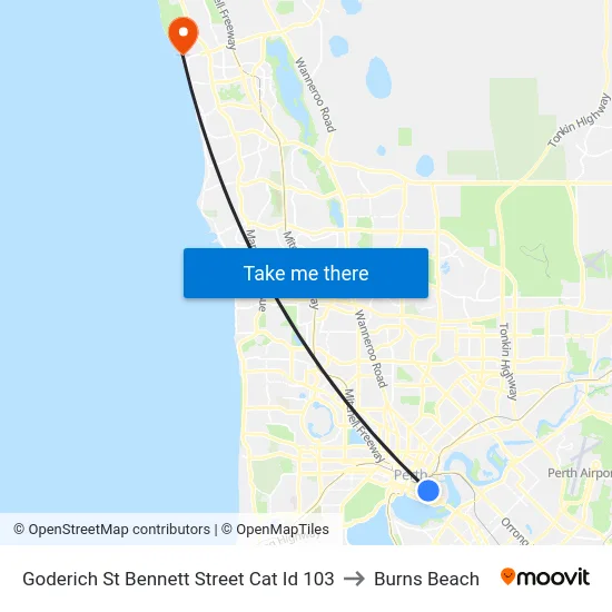 Goderich St Bennett Street Cat Id 103 to Burns Beach map