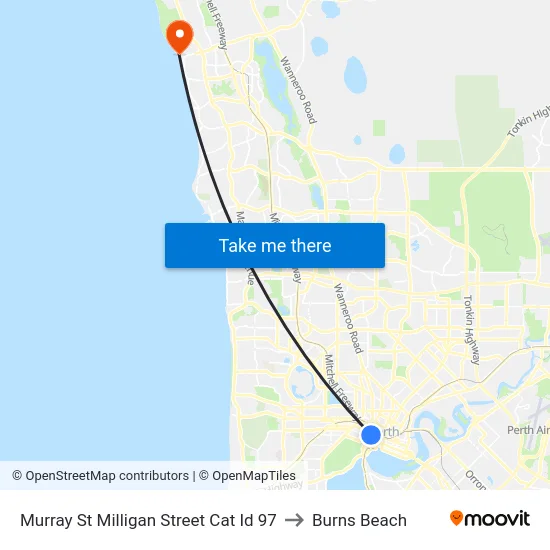 Murray St Milligan Street Cat Id 97 to Burns Beach map
