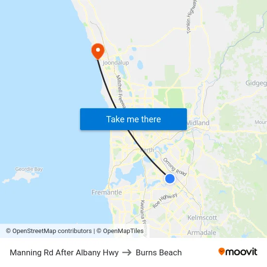 Manning Rd After Albany Hwy to Burns Beach map