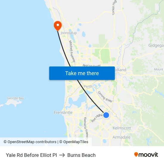Yale Rd Before Elliot Pl to Burns Beach map