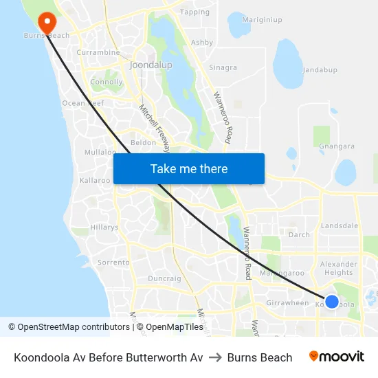 Koondoola Av Before Butterworth Av to Burns Beach map