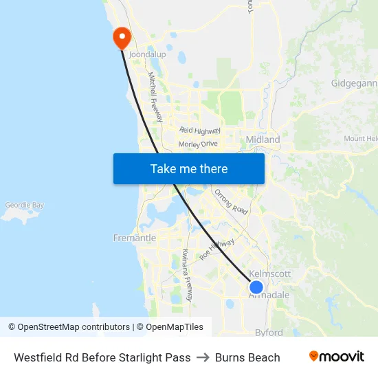 Westfield Rd Before Starlight Pass to Burns Beach map