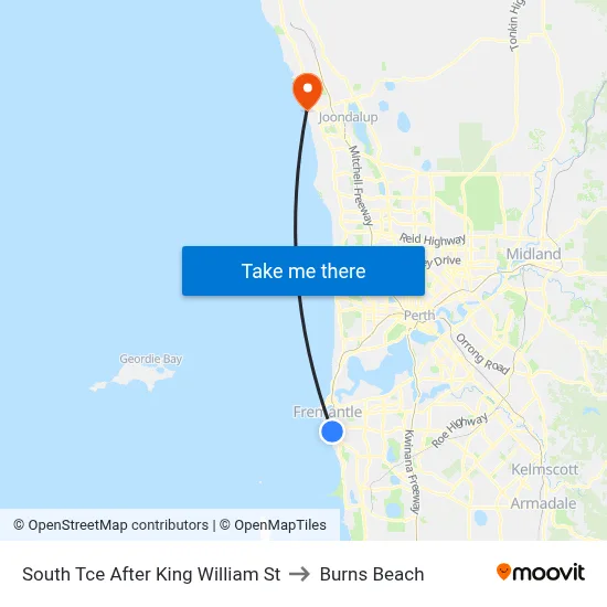 South Tce After King William St to Burns Beach map