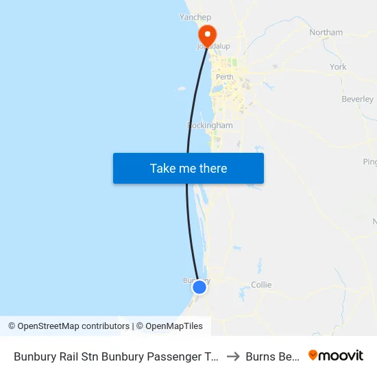 Bunbury Rail Stn Bunbury Passenger Terminal to Burns Beach map