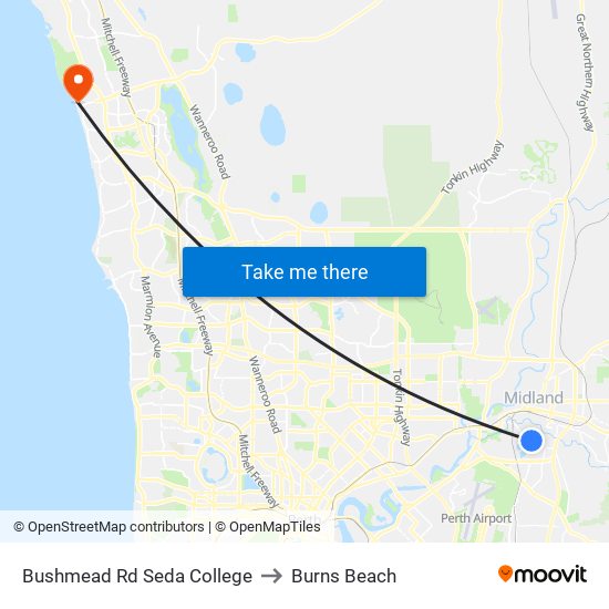 Bushmead Rd Seda College to Burns Beach map