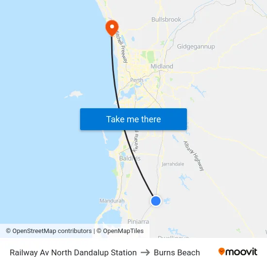 Railway Av North Dandalup Station to Burns Beach map