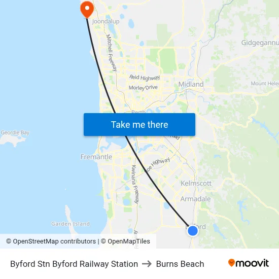 Byford Stn Byford Railway Station to Burns Beach map