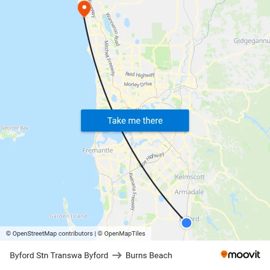 Byford Stn Transwa Byford to Burns Beach map