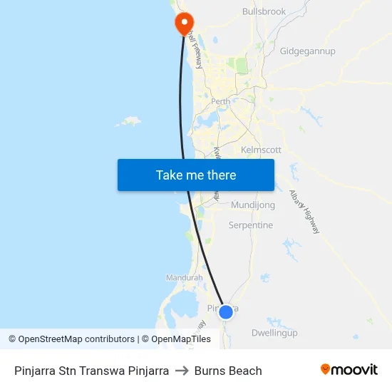 Pinjarra Stn Transwa Pinjarra to Burns Beach map