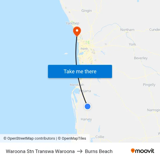 Waroona Stn Transwa Waroona to Burns Beach map