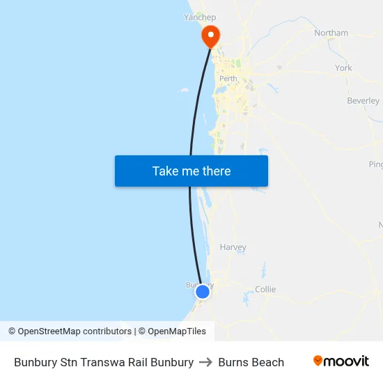 Bunbury Stn Transwa Rail Bunbury to Burns Beach map