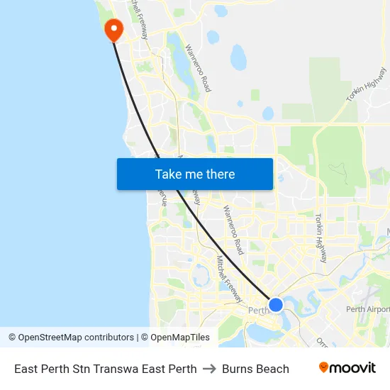East Perth Stn Transwa East Perth to Burns Beach map