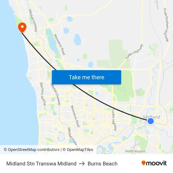 Midland Stn Transwa Midland to Burns Beach map