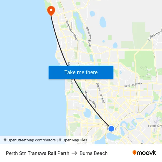 Perth Stn Transwa Rail Perth to Burns Beach map
