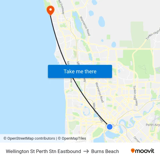 Wellington St Perth Stn Eastbound to Burns Beach map