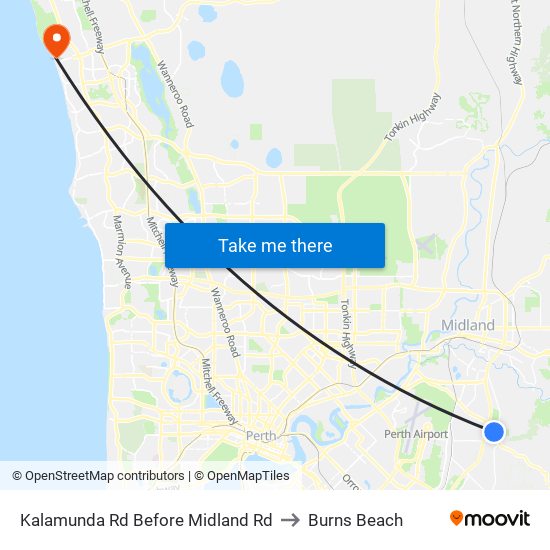 Kalamunda Rd Before Midland Rd to Burns Beach map