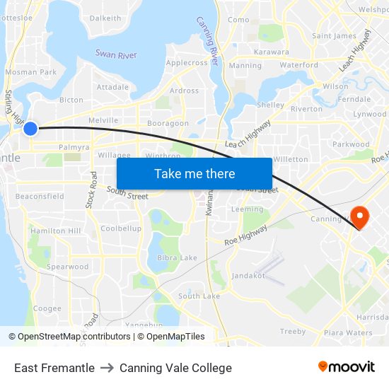 East Fremantle to Canning Vale College map